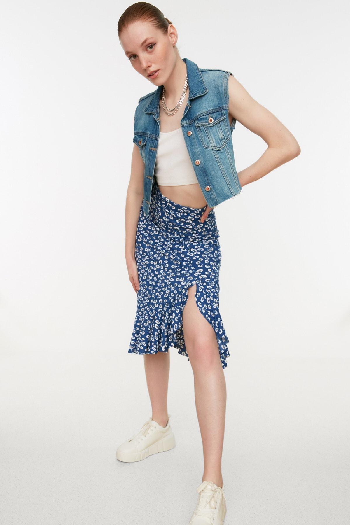 Blue A-Line Polka Dot Midi Skirt, , large image number 4