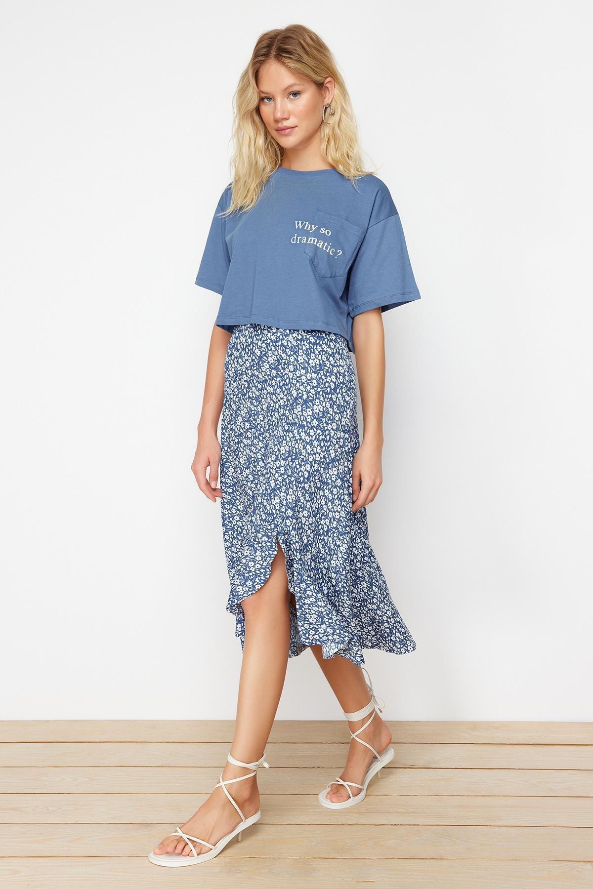 Blue A-Line Polka Dot Midi Skirt, , large image number 5