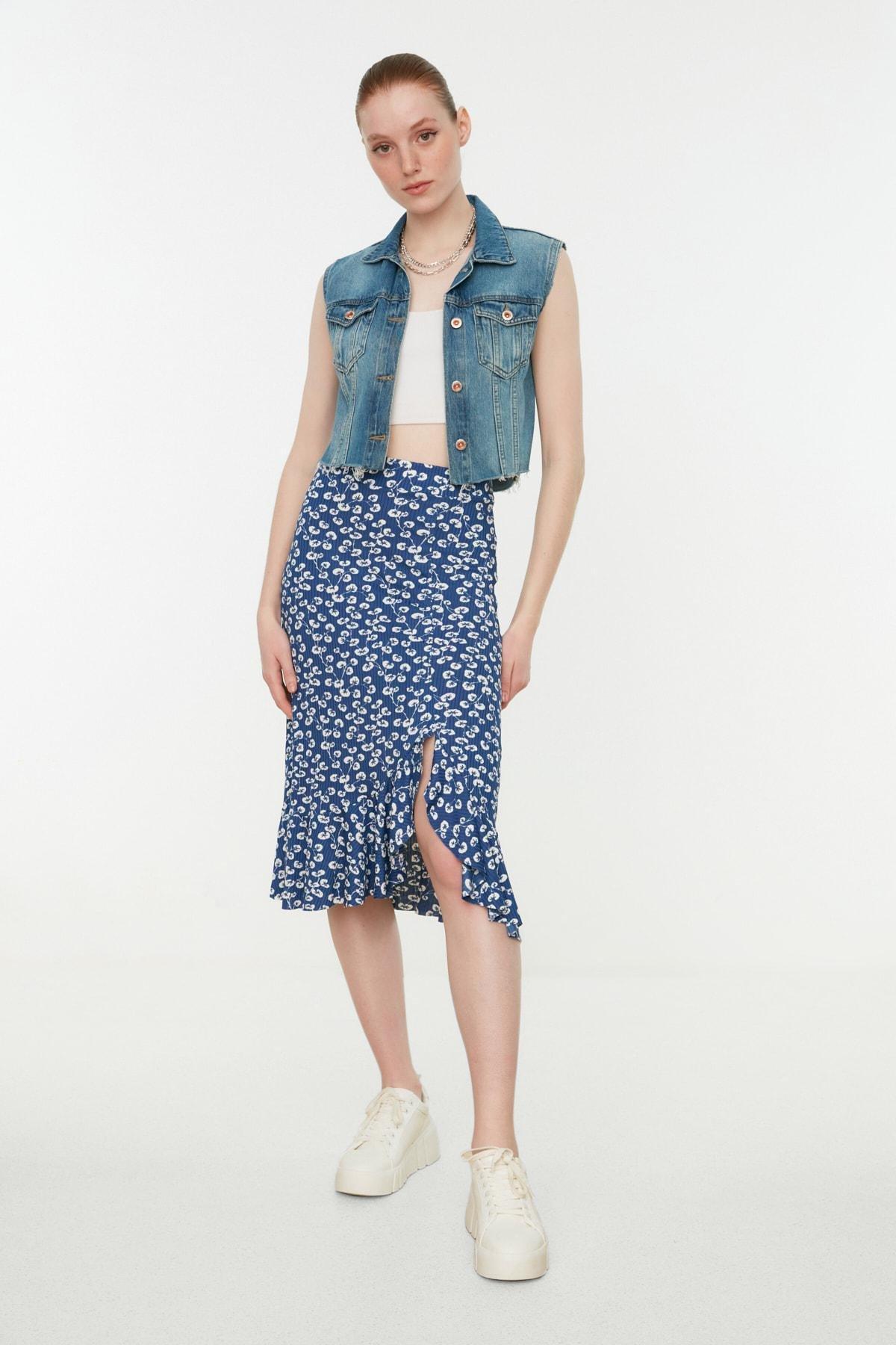 Blue A-Line Polka Dot Midi Skirt, , large image number 6