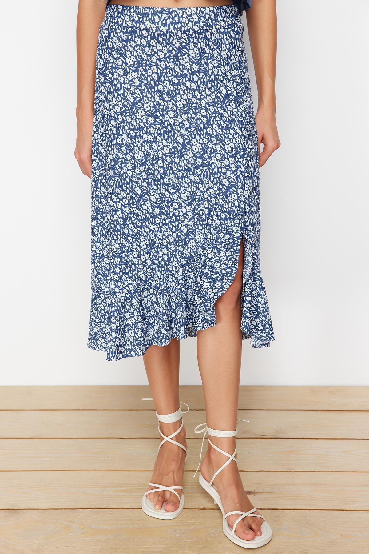 Blue A-Line Polka Dot Midi Skirt, , large image number 7