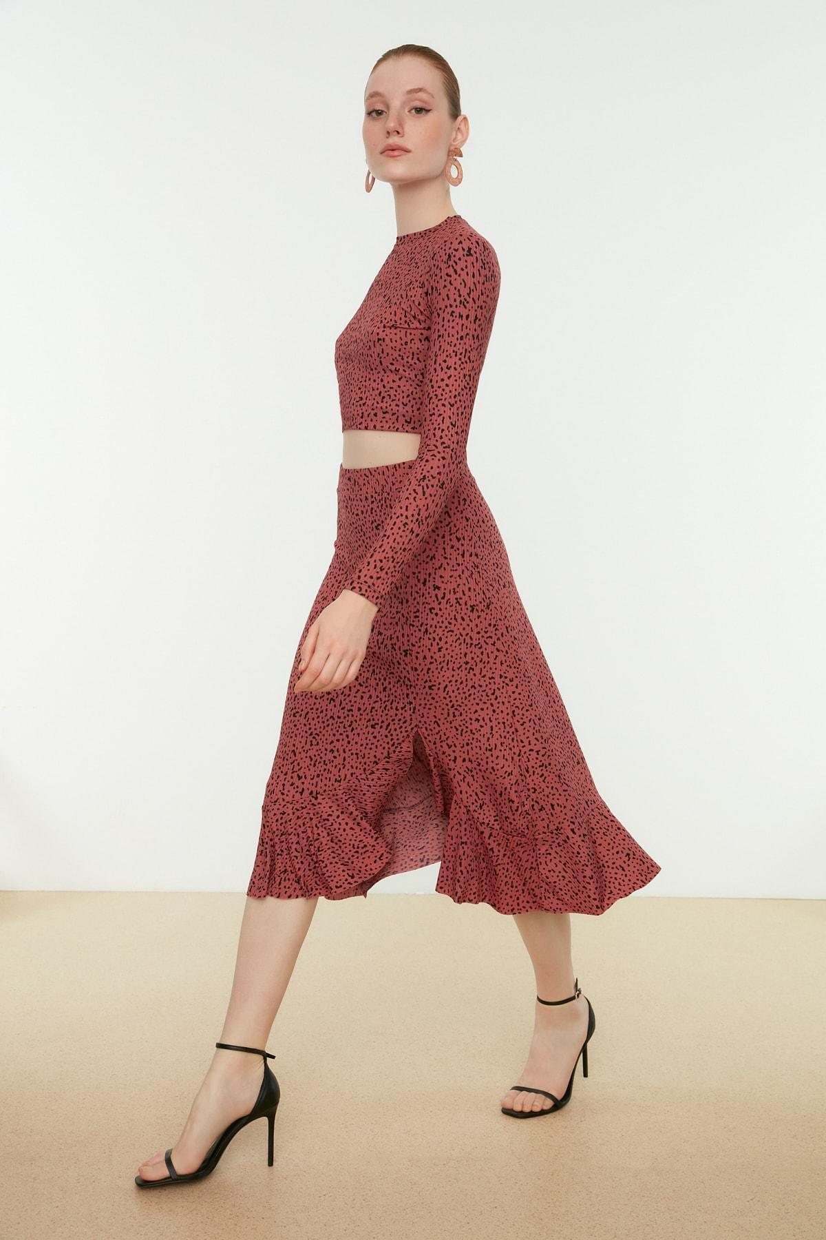 Pink Printed High-waist Midi, Elastic Knitted Skirt, , large image number 0