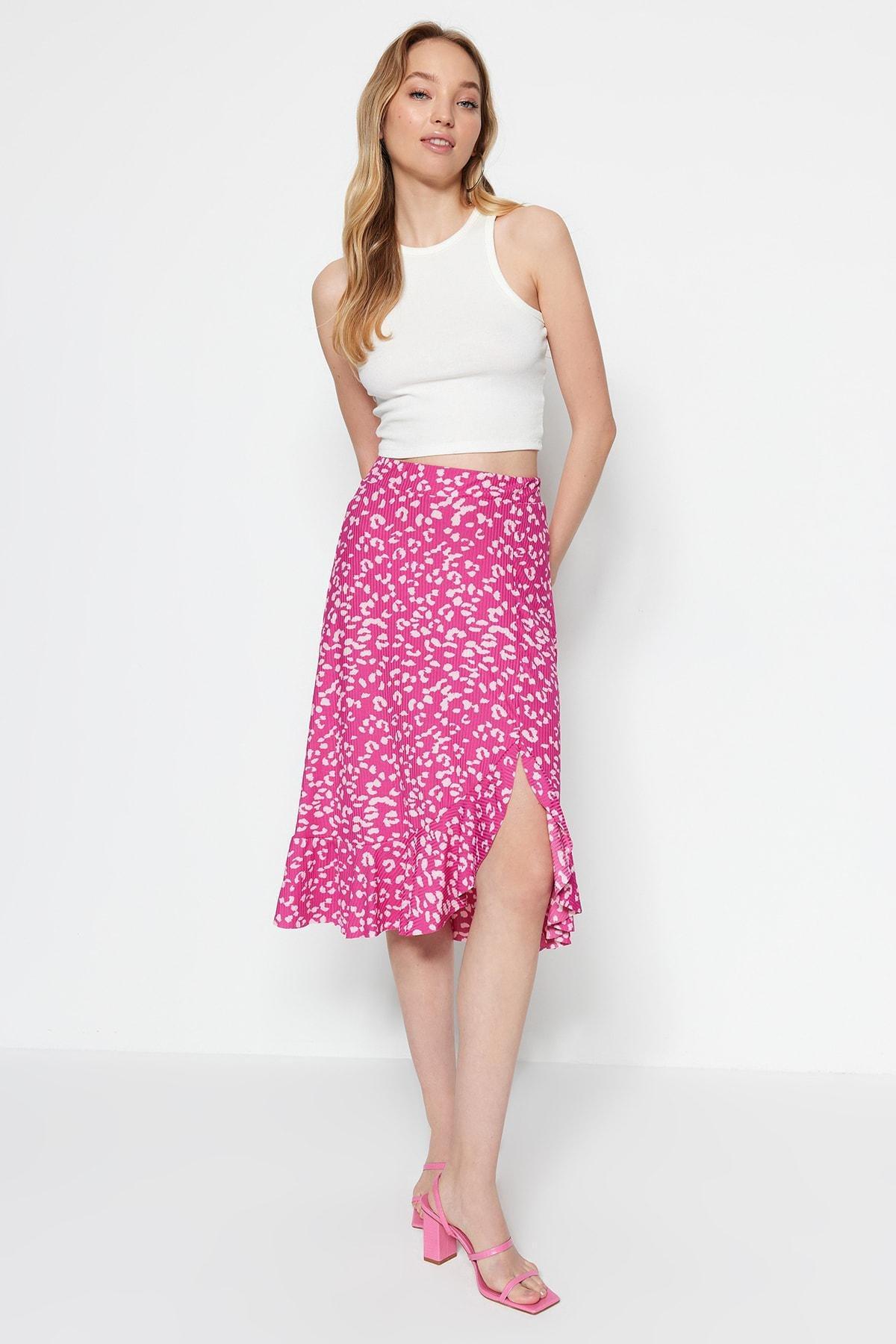 Pink Printed High-waist Midi, Elastic Knitted Skirt, , large image number 1