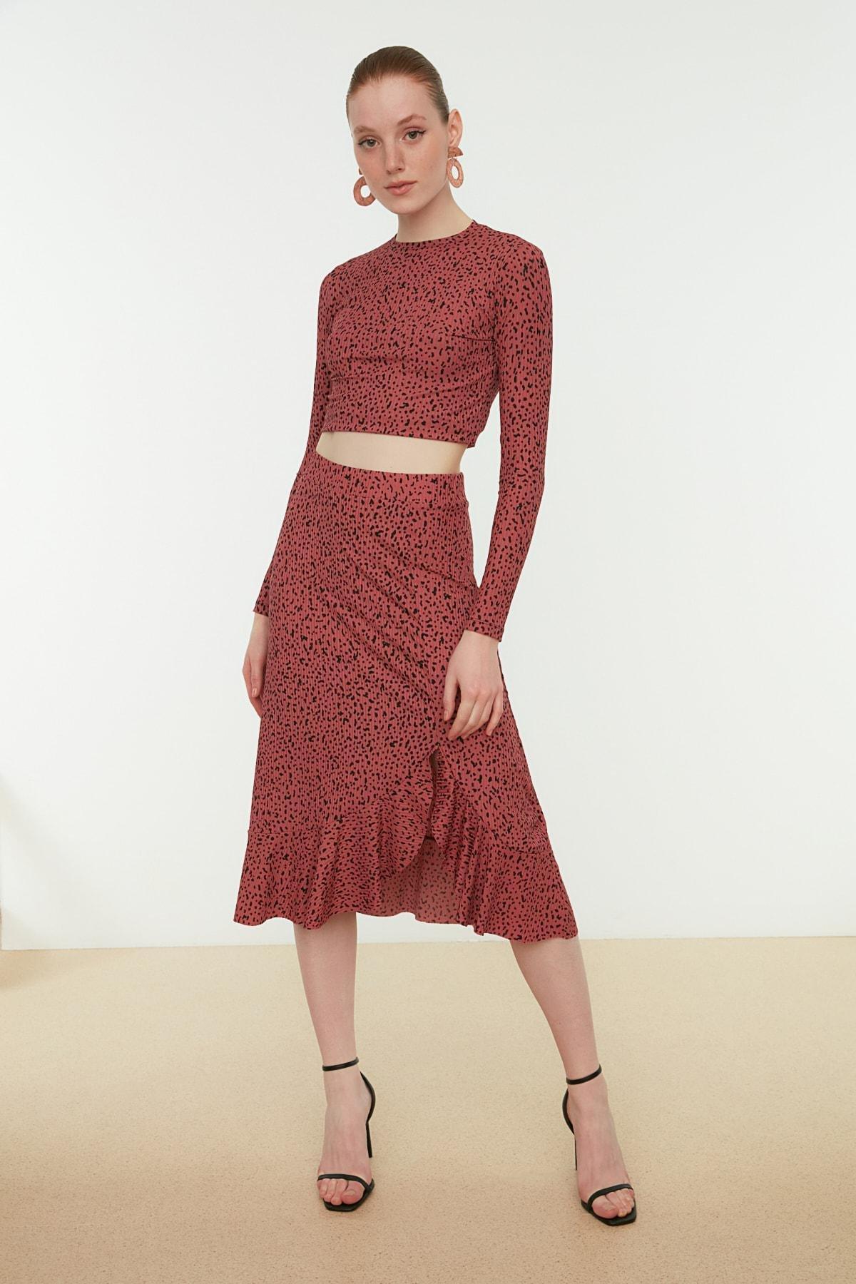 Pink Printed High-waist Midi, Elastic Knitted Skirt, , large image number 2