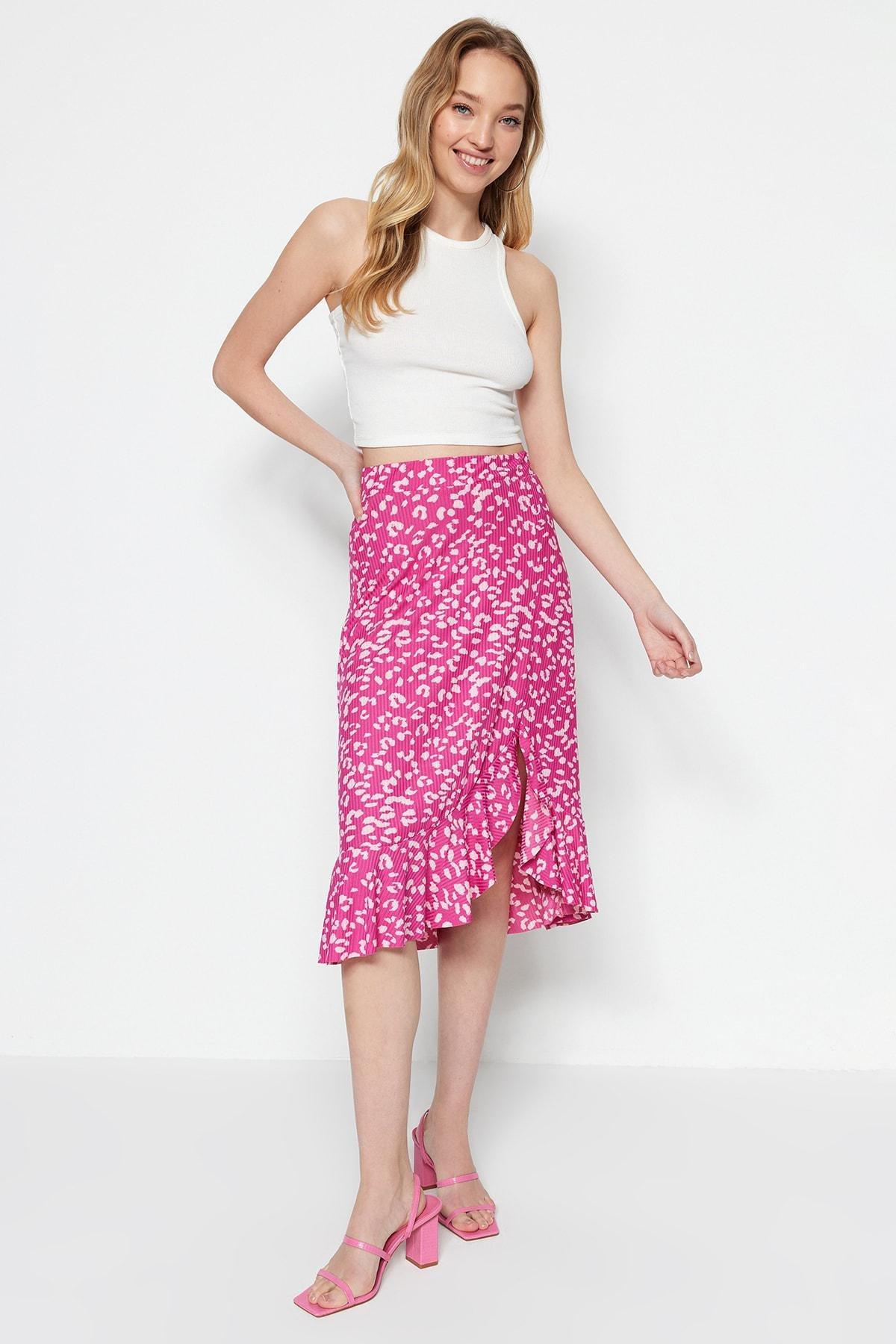 Pink Printed High-waist Midi, Elastic Knitted Skirt, , large image number 3