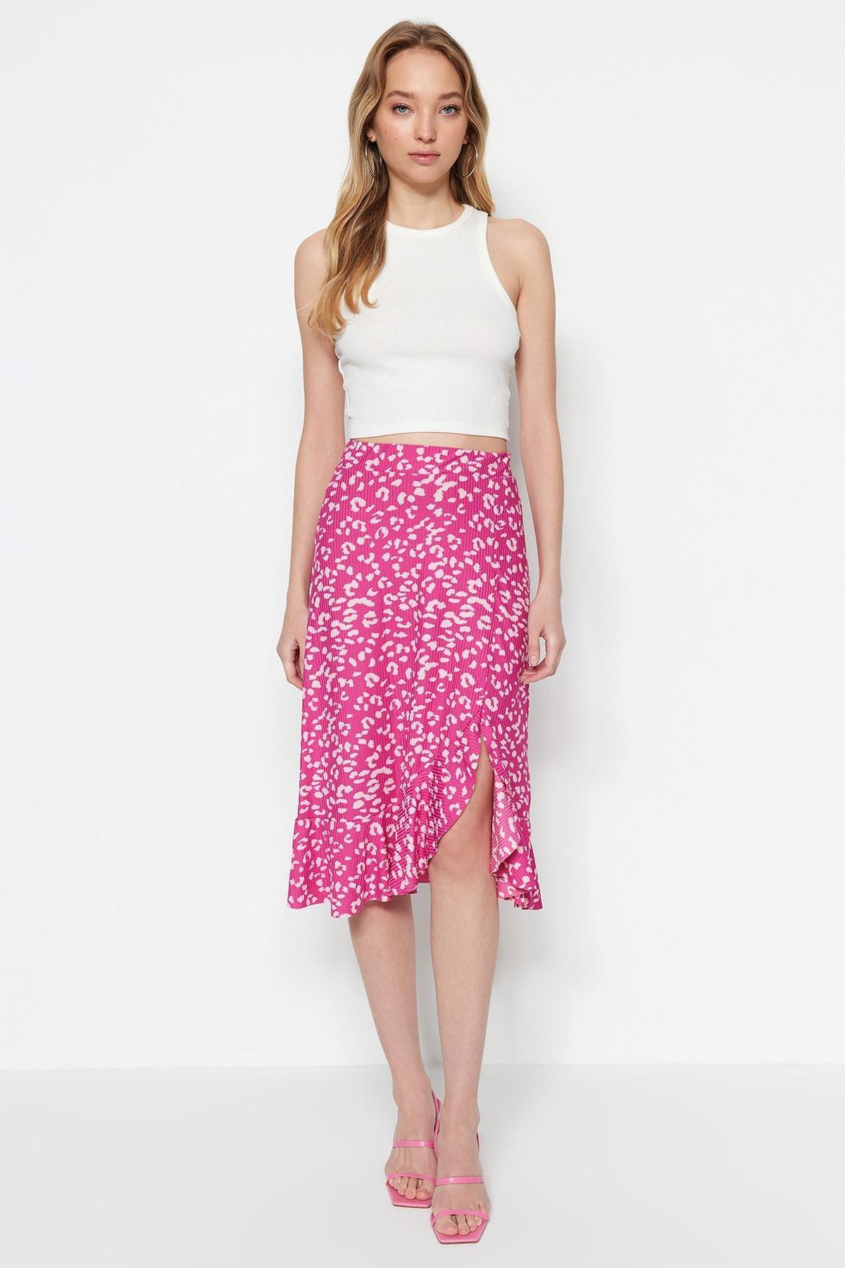 Pink Printed High-waist Midi, Elastic Knitted Skirt, , large image number 5