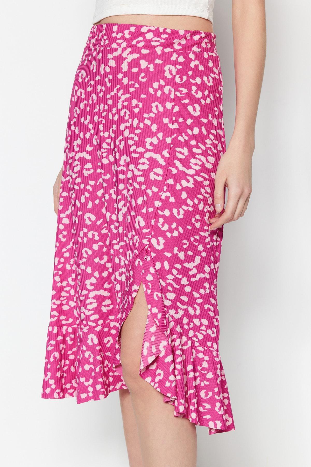 Pink Printed High-waist Midi, Elastic Knitted Skirt, , large image number 7