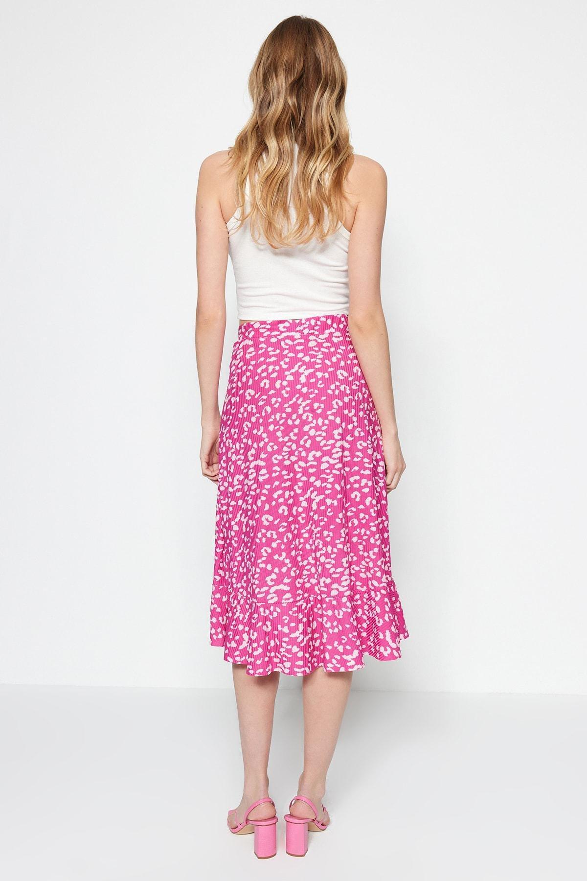 Pink Printed High-waist Midi, Elastic Knitted Skirt, , large image number 10