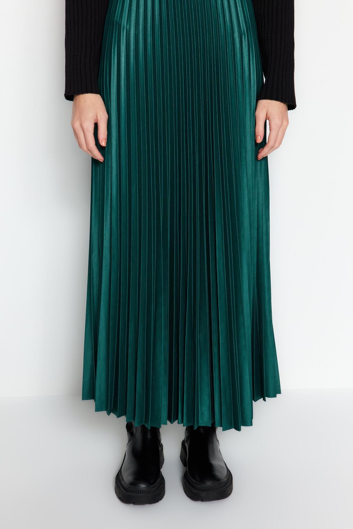 Green Pleated Maxi Knitted Skirt, , large image number 0