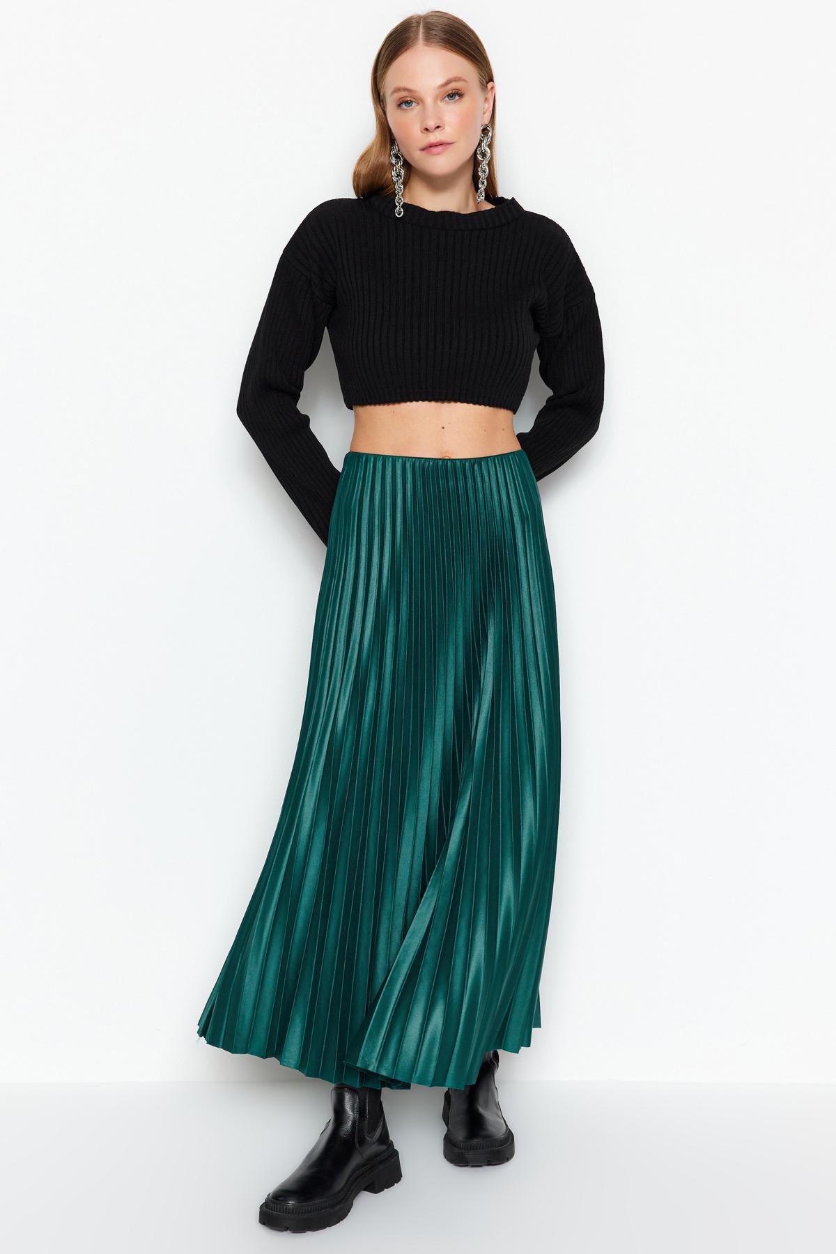 Green Pleated Maxi Knitted Skirt, , large image number 1
