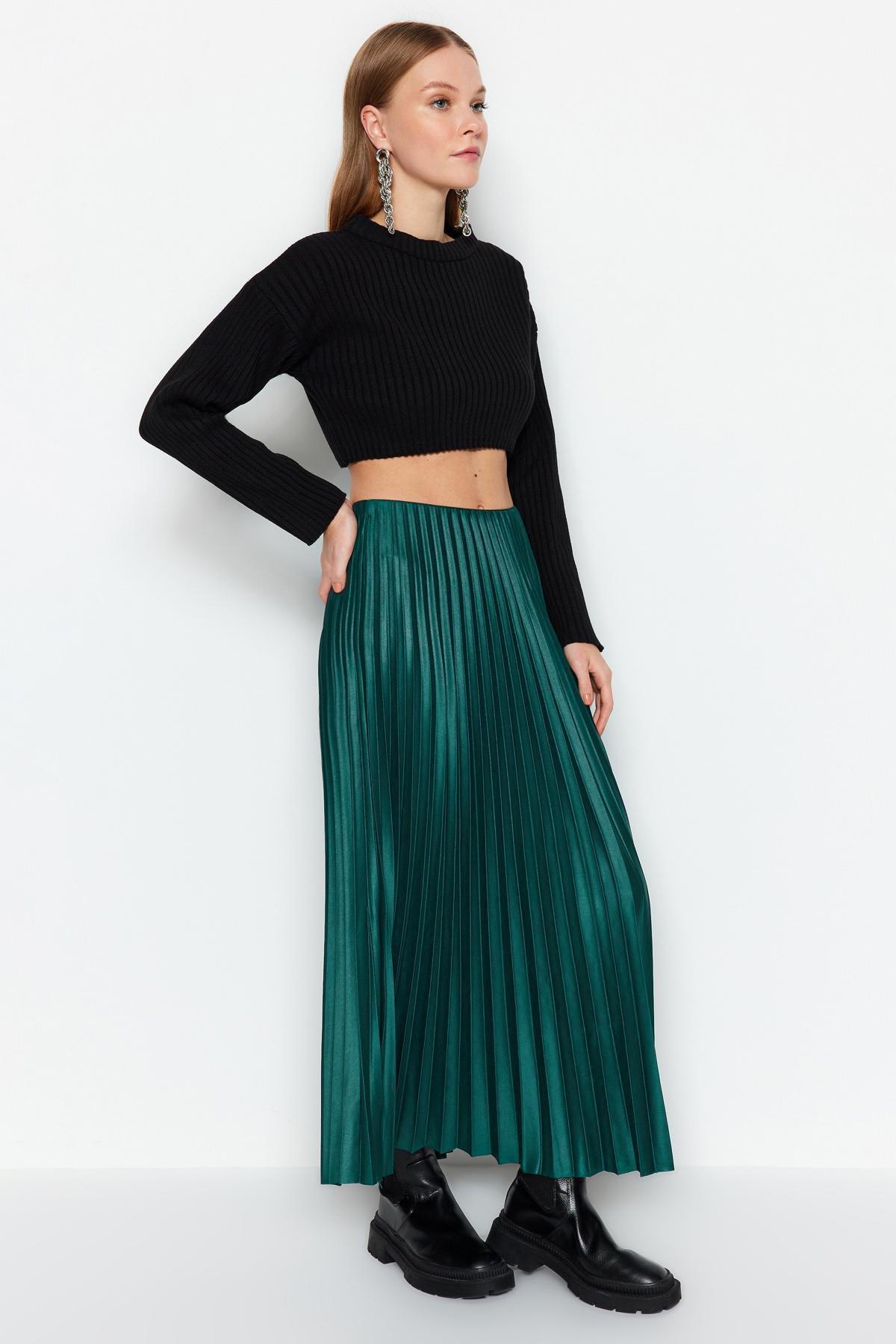 Green Pleated Maxi Knitted Skirt, , large image number 2