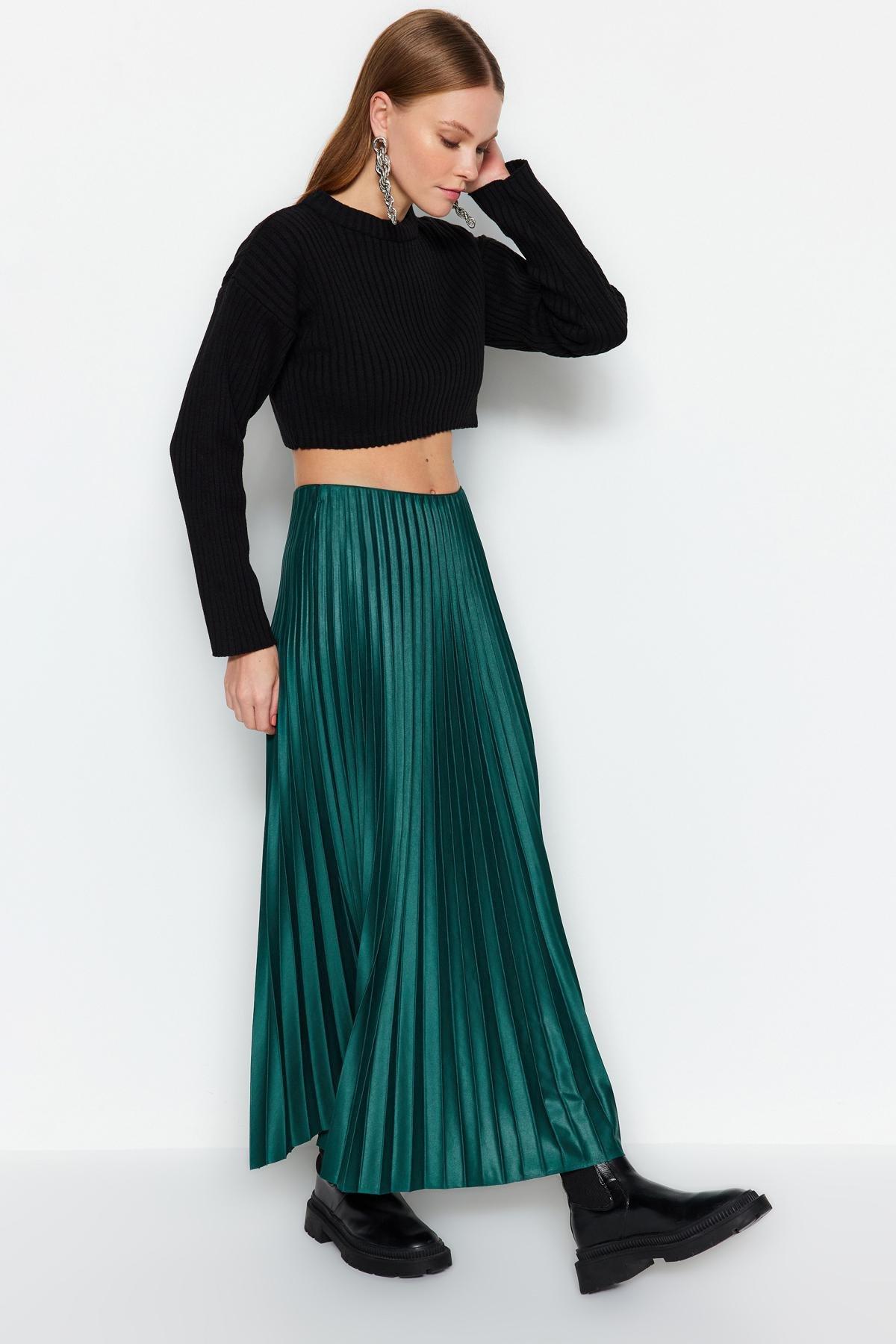 Green Pleated Maxi Knitted Skirt, , large image number 3