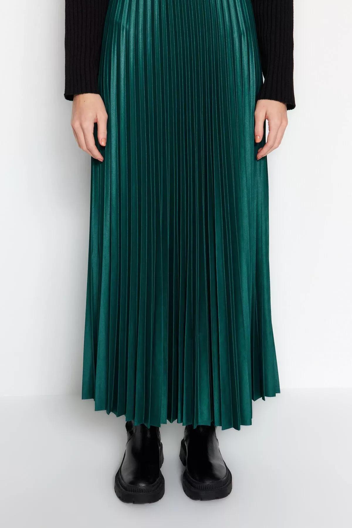 Green Pleated Maxi Knitted Skirt, Emerald, large image number 3