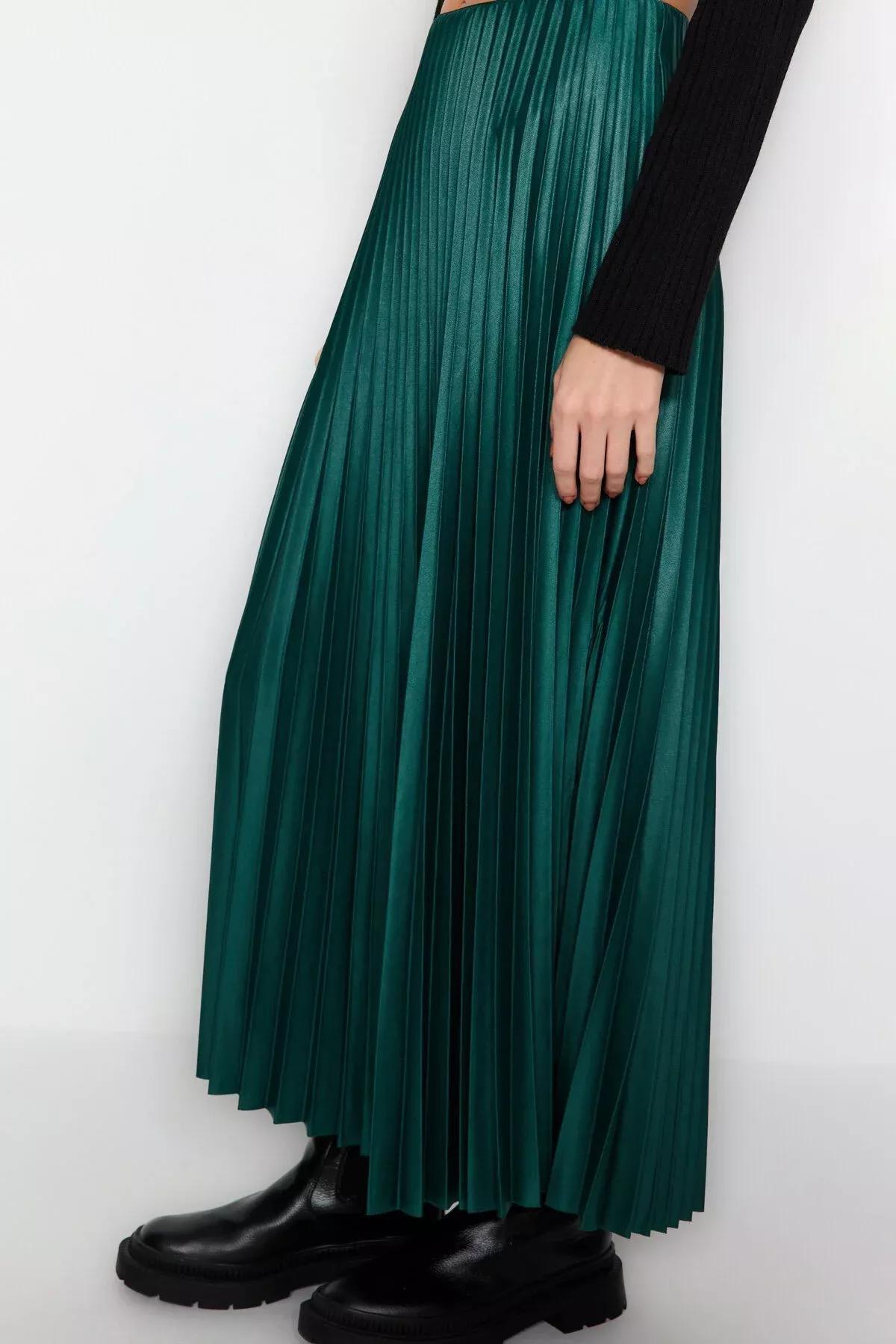 Green Pleated Maxi Knitted Skirt, Emerald, large image number 4