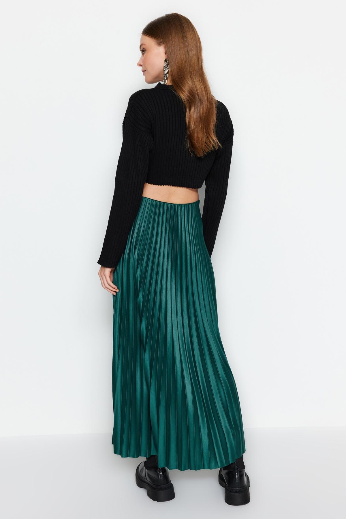 Green Pleated Maxi Knitted Skirt, , large image number 5