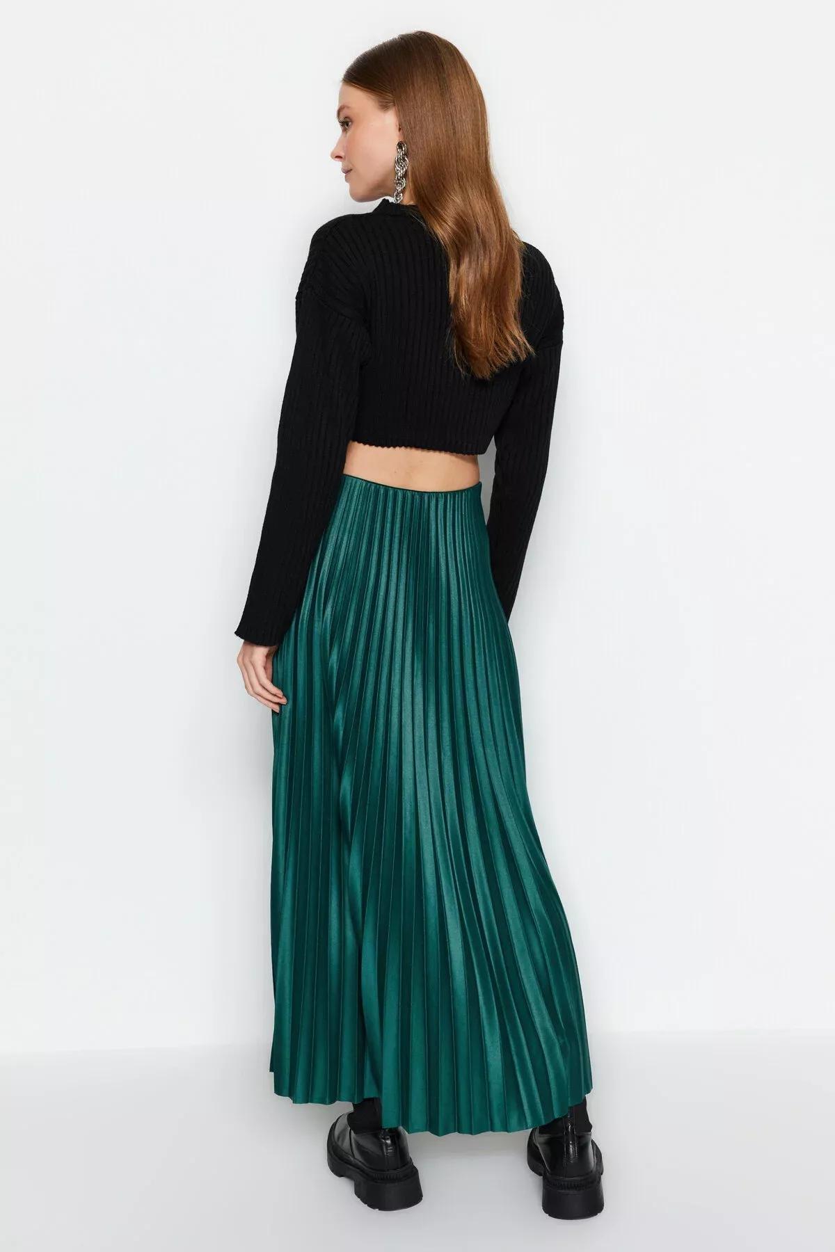 Green Pleated Maxi Knitted Skirt, Emerald, large image number 5