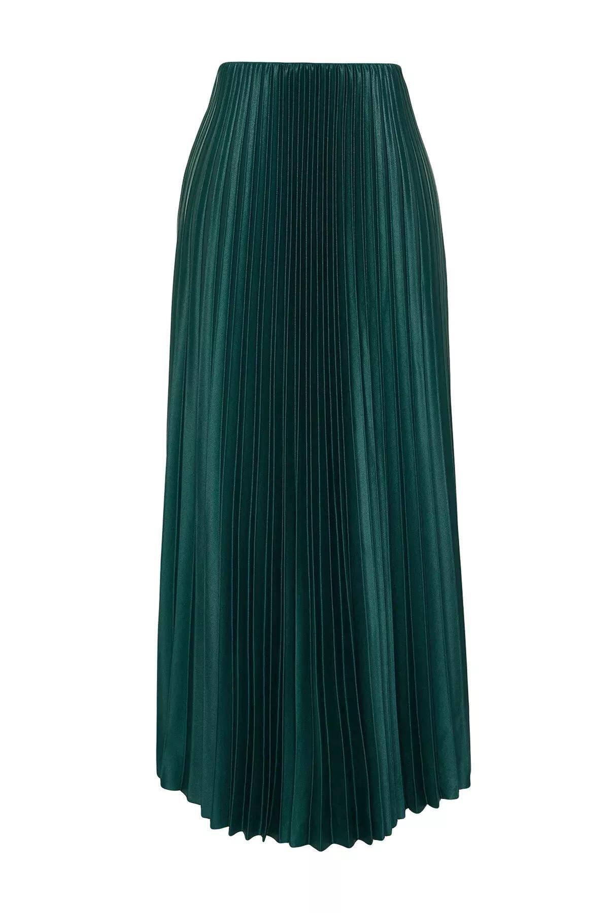 Green Pleated Maxi Knitted Skirt, Emerald, large image number 6