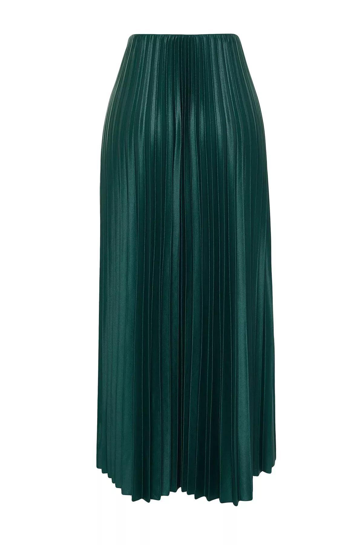 Green Pleated Maxi Knitted Skirt, Emerald, large image number 7