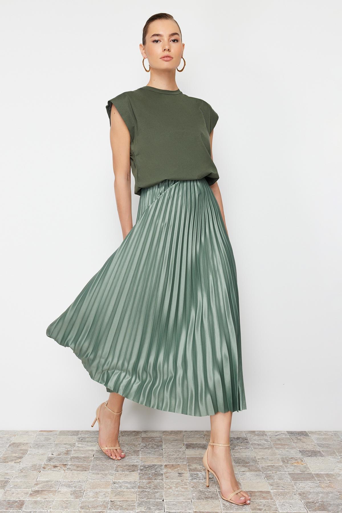 Green Pleated Maxi Knitted Skirt, , large image number 3