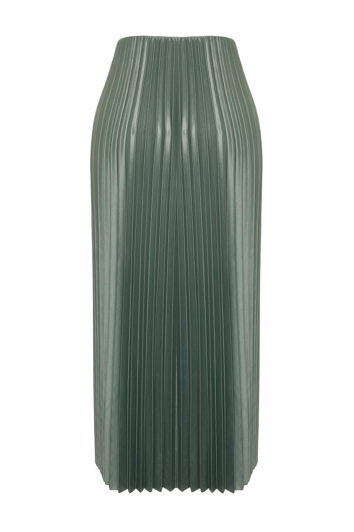 Green Pleated Maxi Knitted Skirt, , large image number 5