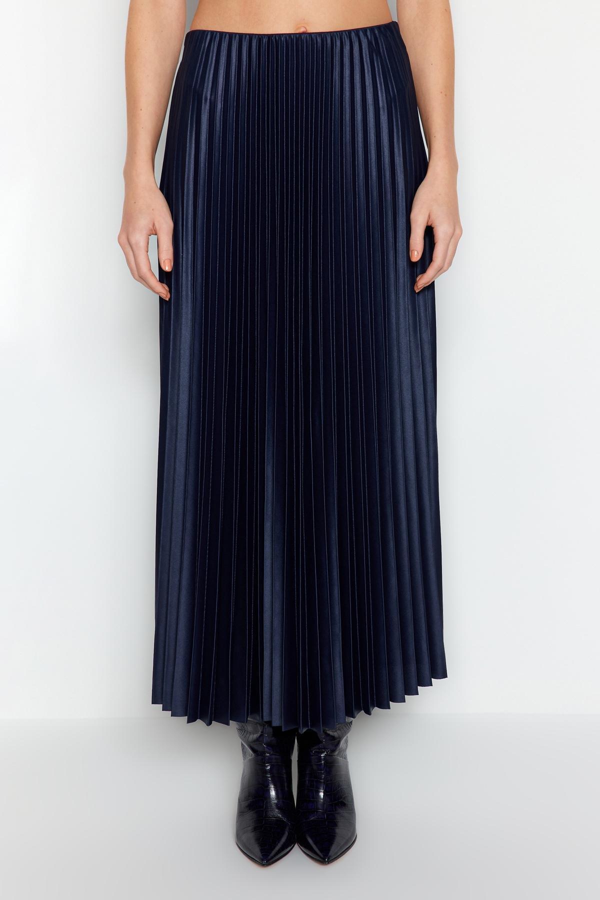 Navy Pleated Maxi Knitted Skirt, , large image number 3