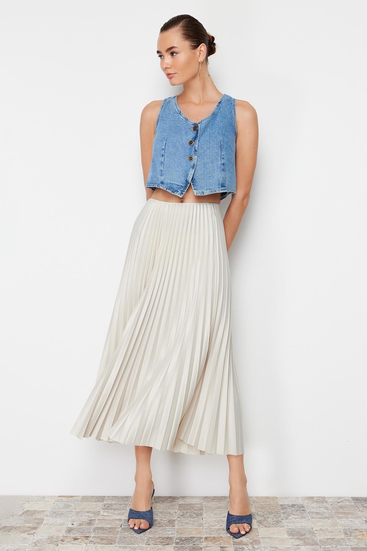 Beige Stone Pleated Maxi Knitted Skirt, , large image number 0