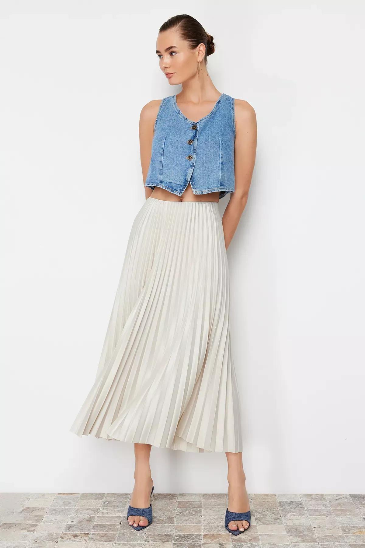 Beige Stone Pleated Maxi Knitted Skirt, STONE, large image number 0