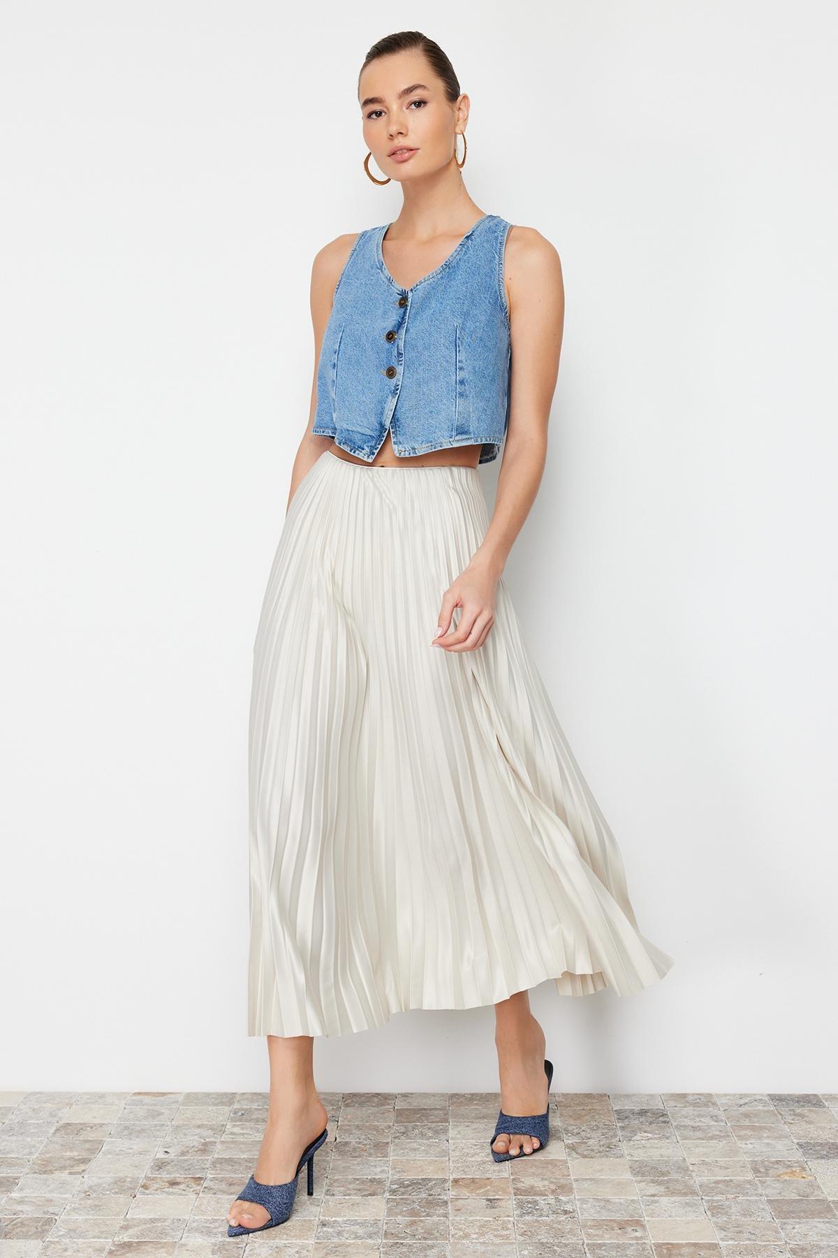 Beige Stone Pleated Maxi Knitted Skirt, , large image number 1