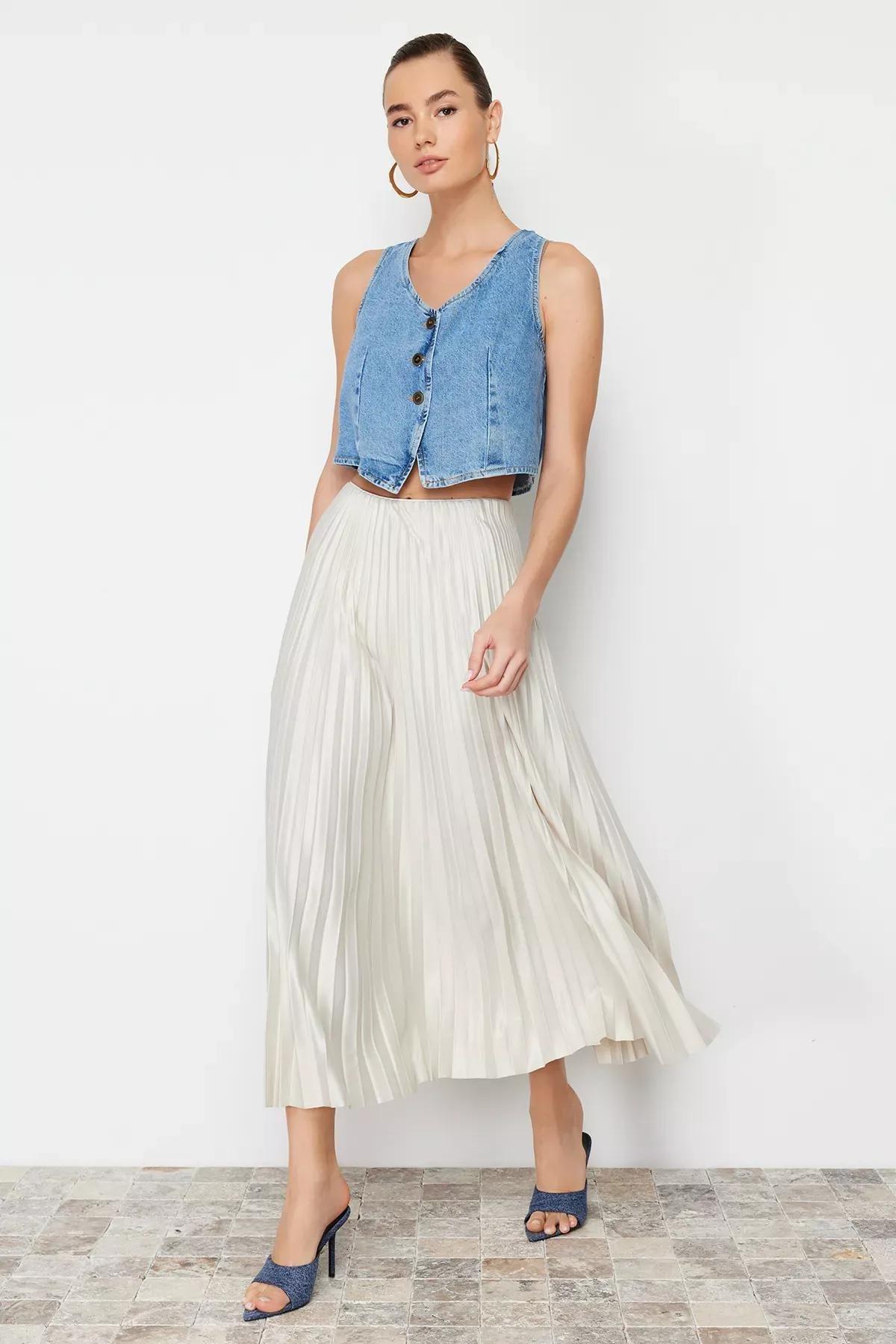 Beige Stone Pleated Maxi Knitted Skirt, , large image number 1