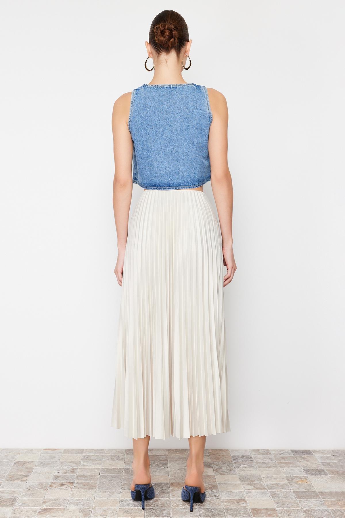 Beige Stone Pleated Maxi Knitted Skirt, , large image number 2