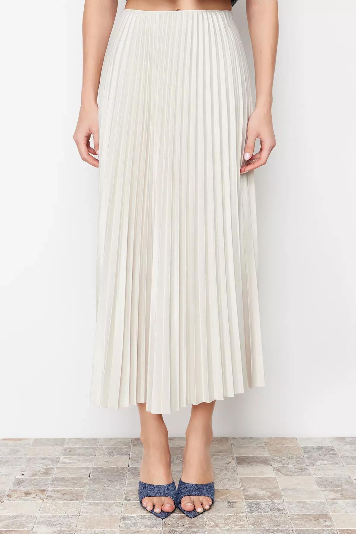 Beige Stone Pleated Maxi Knitted Skirt, STONE, large image number 2