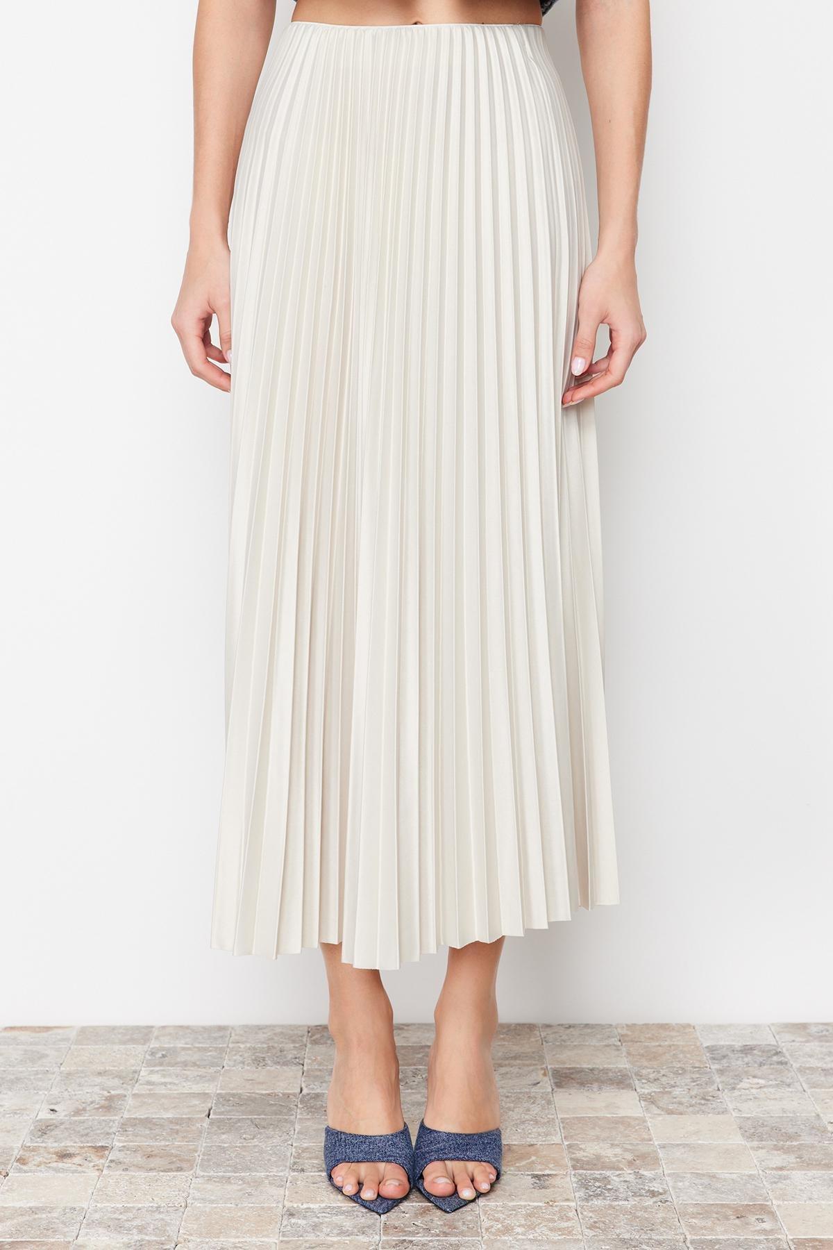 Beige Stone Pleated Maxi Knitted Skirt, , large image number 3