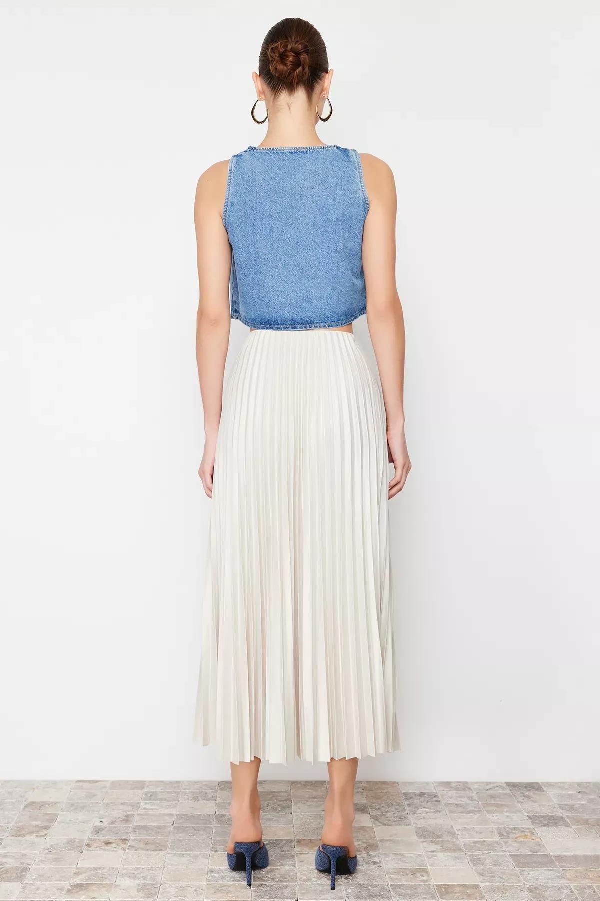 Beige Stone Pleated Maxi Knitted Skirt, STONE, large image number 3