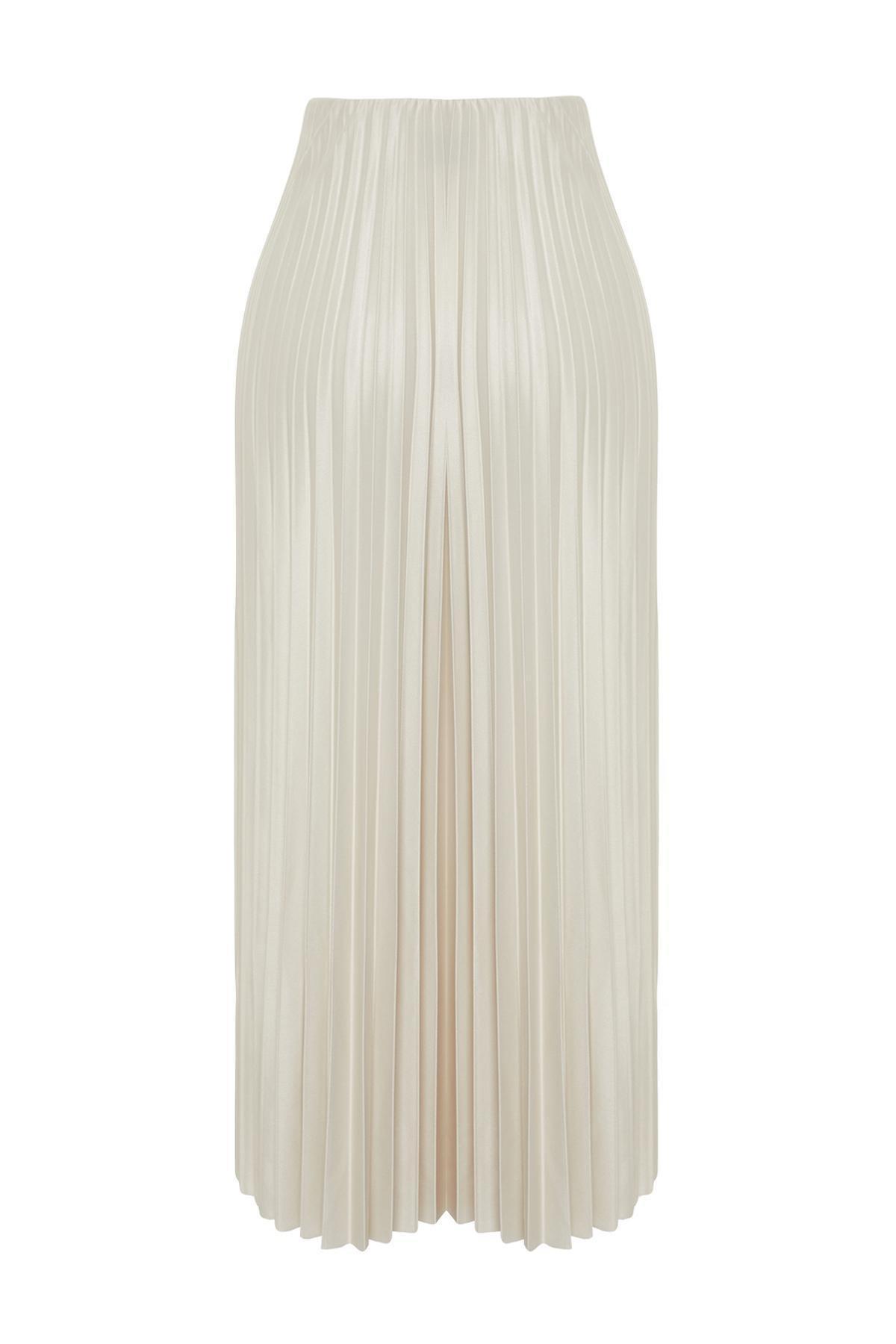 Beige Stone Pleated Maxi Knitted Skirt, , large image number 4