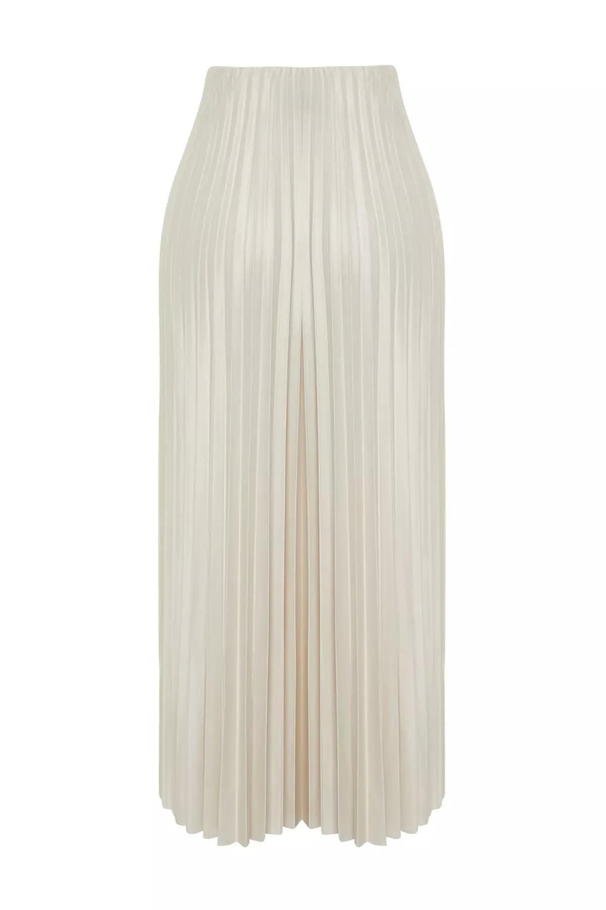 Beige Stone Pleated Maxi Knitted Skirt, STONE, large image number 4