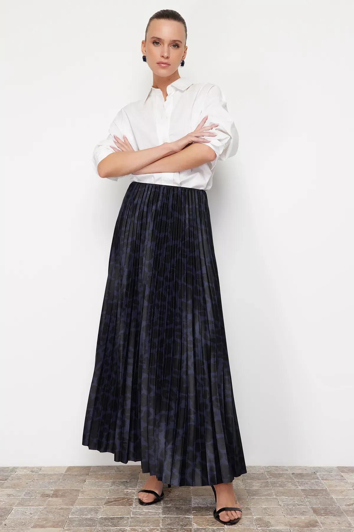 Navy Pleated Printed Skirt, C101_5656, large image number 0