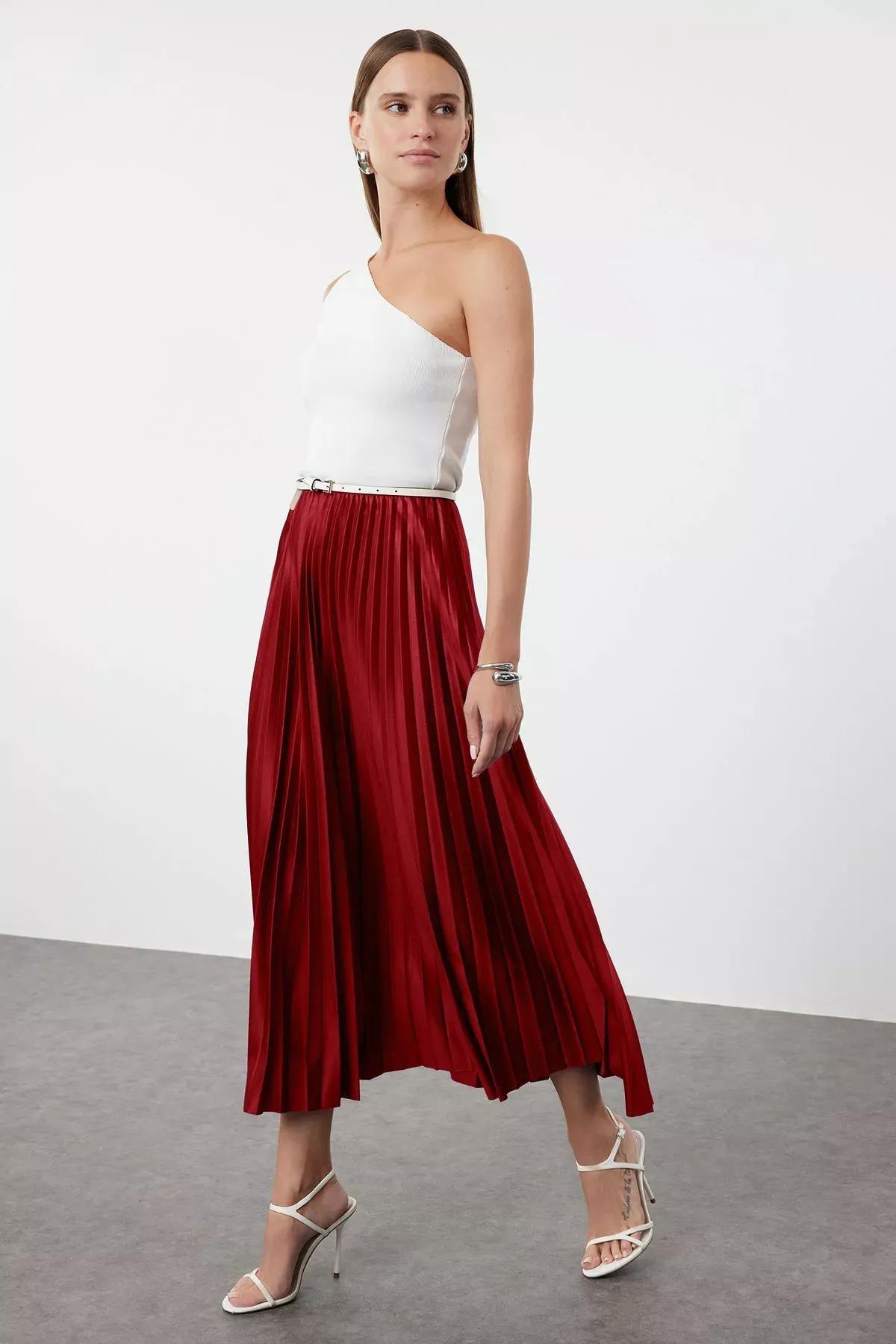 Burgundy Pleated Maxi Skirt, , large image number 0