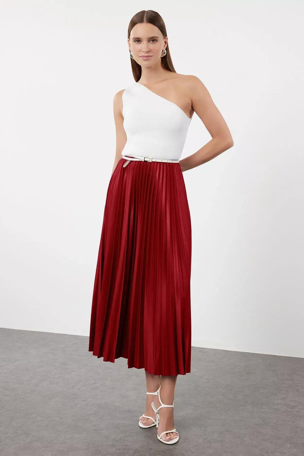 Burgundy Pleated Maxi Skirt, , large image number 3