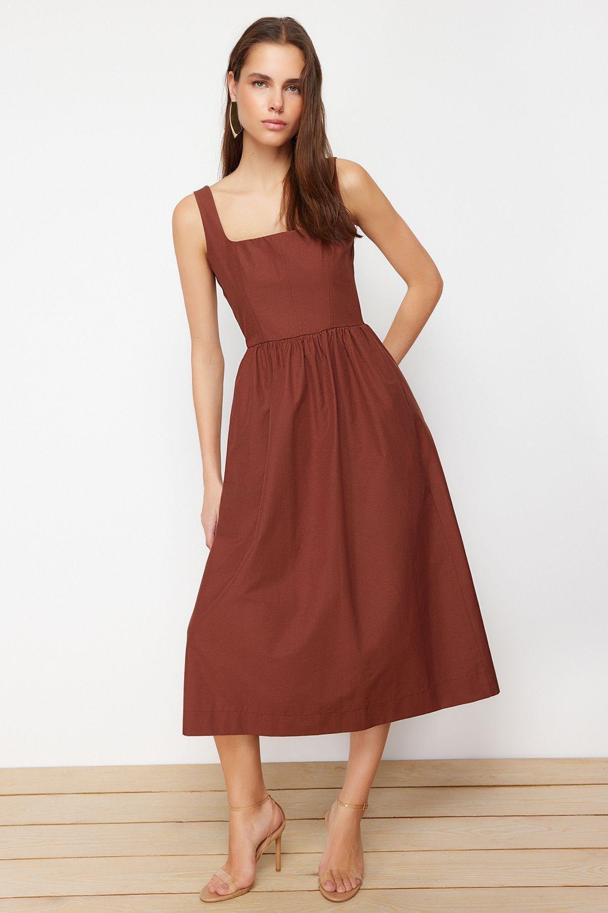 Brown Stitched Detailed Woven Midi Dress, , large image number 0