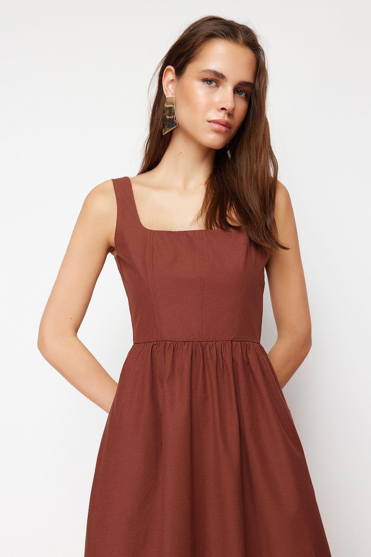 Brown Stitched Detailed Woven Midi Dress, , large image number 1