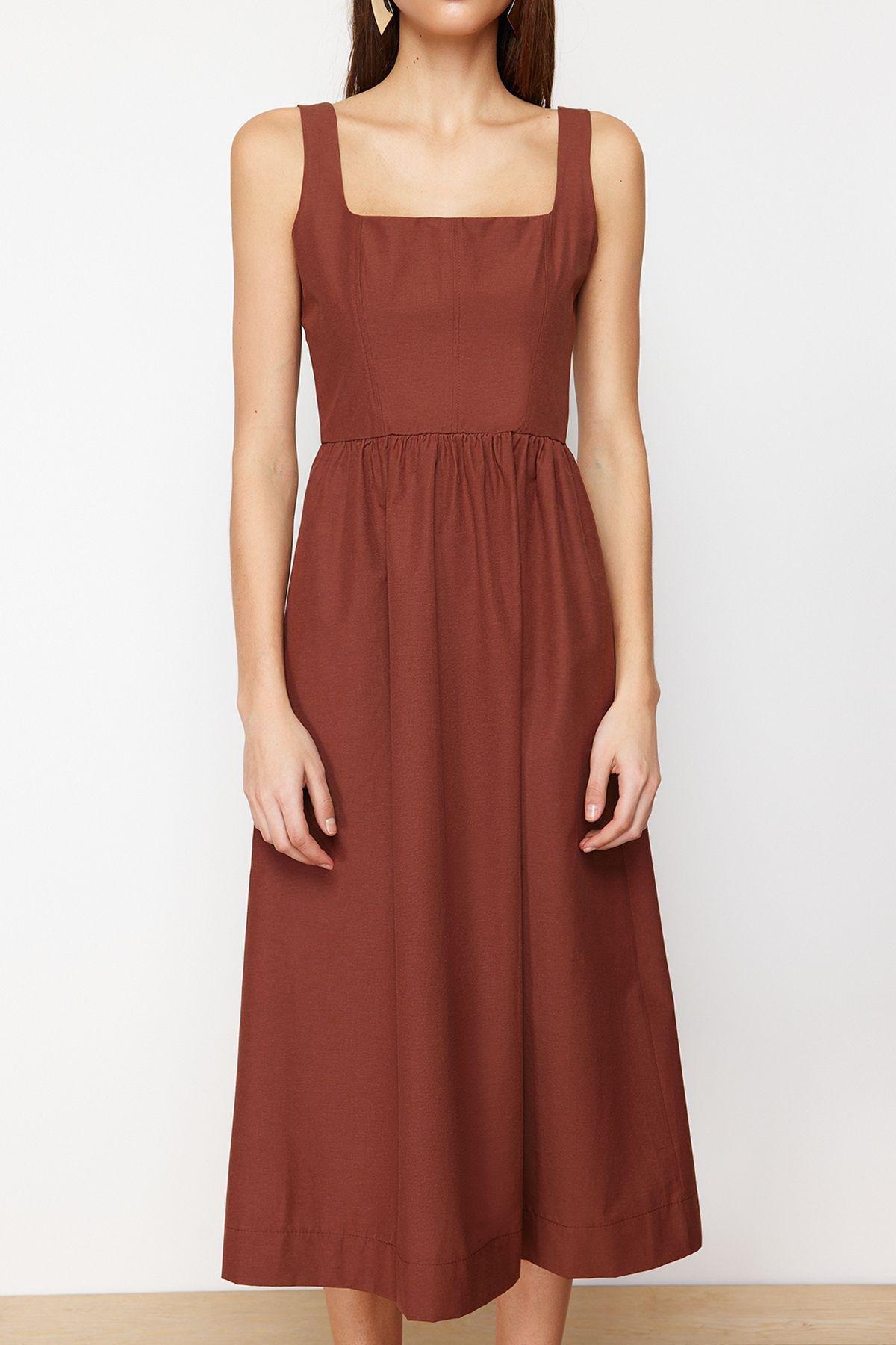 Brown Stitched Detailed Woven Midi Dress, , large image number 2
