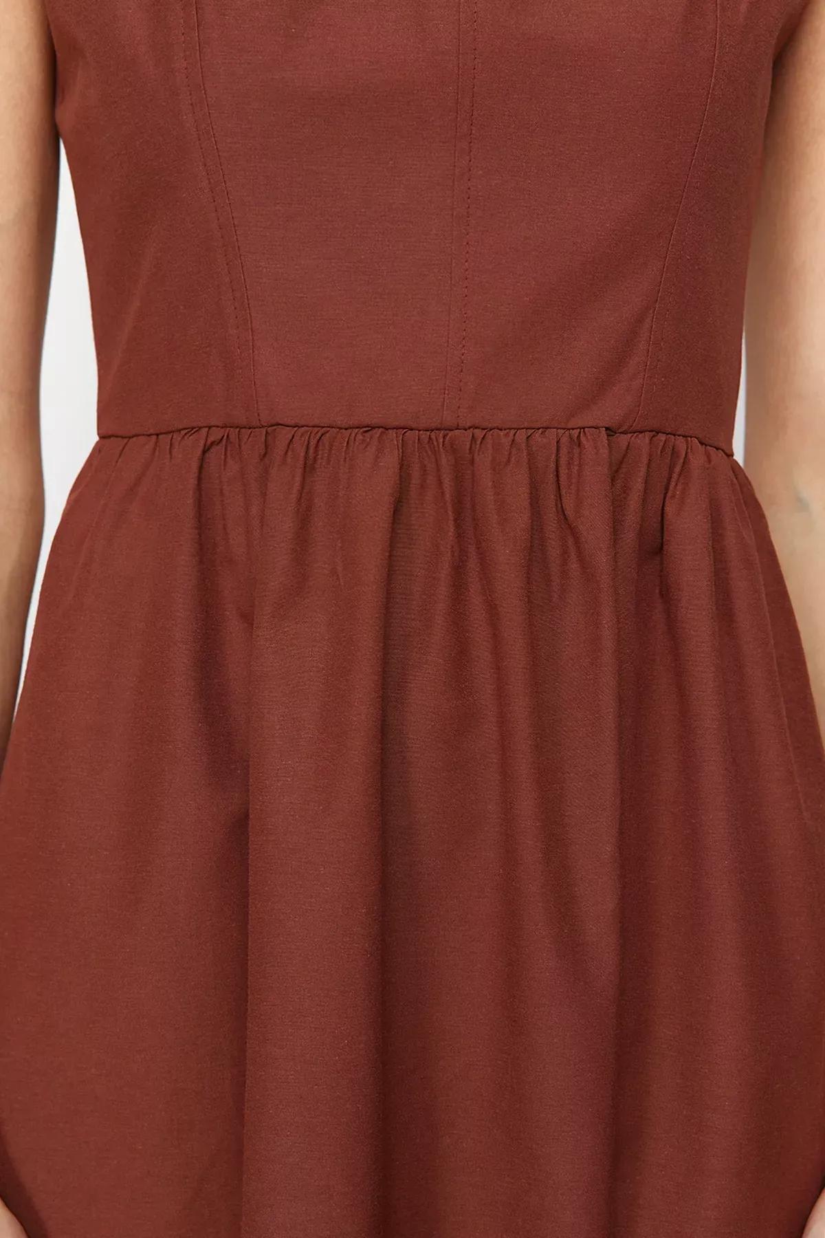 Brown Stitched Detailed Woven Midi Dress, , large image number 4