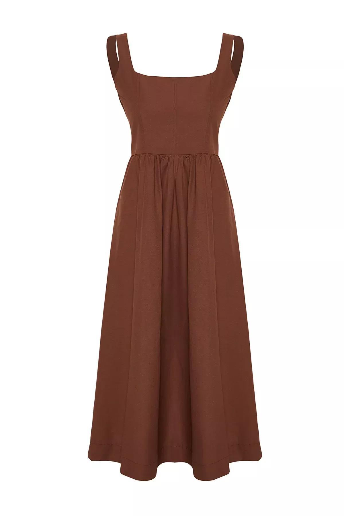 Brown Stitched Detailed Woven Midi Dress, , large image number 5