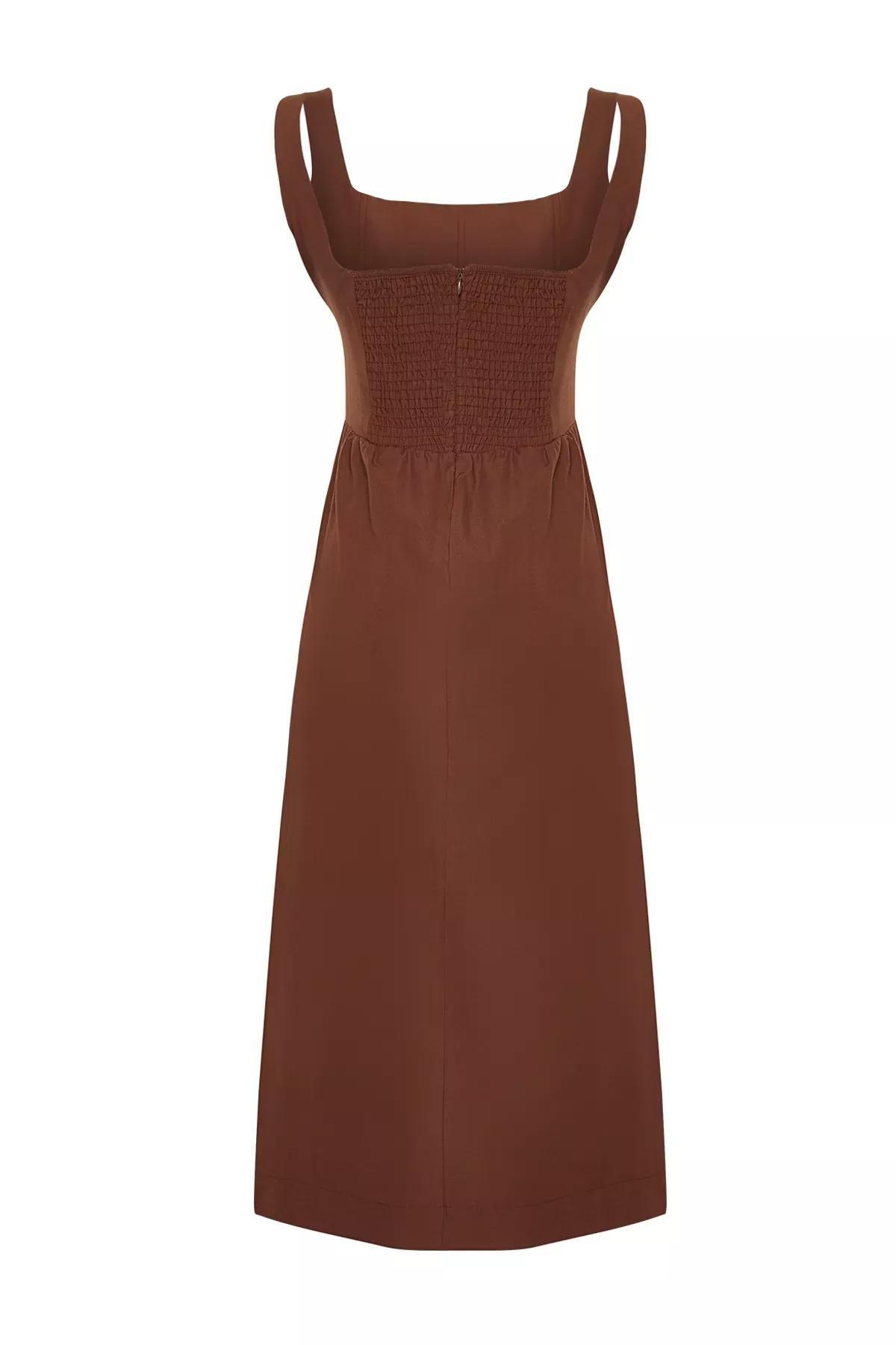 Brown Stitched Detailed Woven Midi Dress, , large image number 6