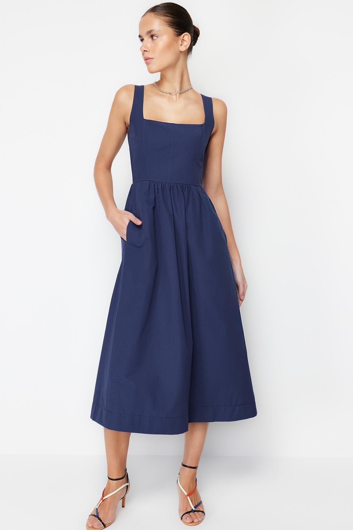 Indigo Waist Opening Midi Corset Stitch Detail Woven Dress TWOSS24EL00038, , large image number 0