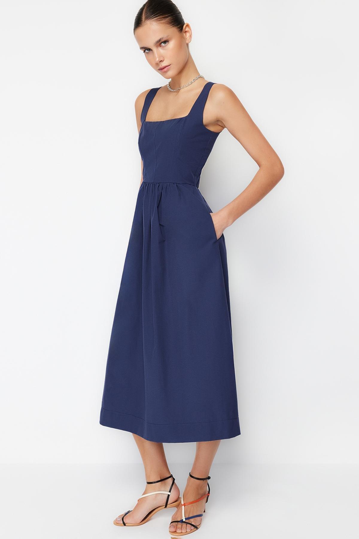 Indigo Waist Opening Midi Corset Stitch Detail Woven Dress TWOSS24EL00038, , large image number 1