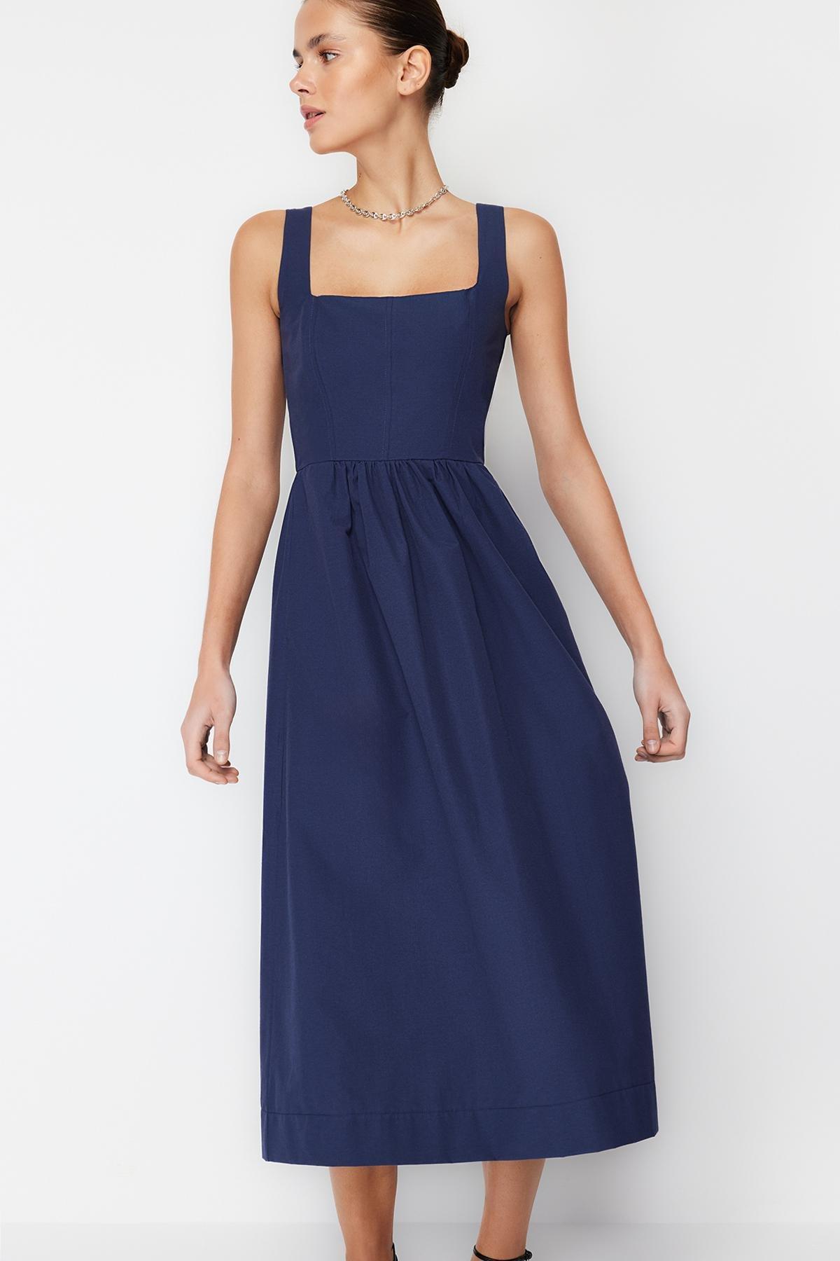 Indigo Waist Opening Midi Corset Stitch Detail Woven Dress TWOSS24EL00038, , large image number 2