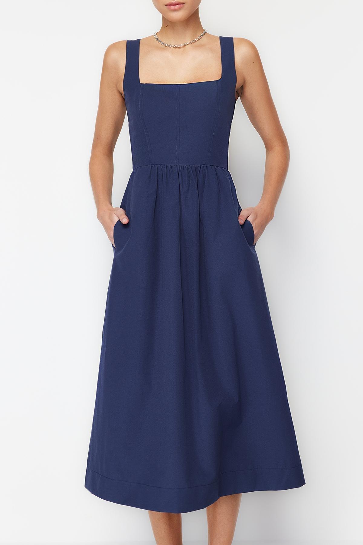Indigo Waist Opening Midi Corset Stitch Detail Woven Dress TWOSS24EL00038, , large image number 3