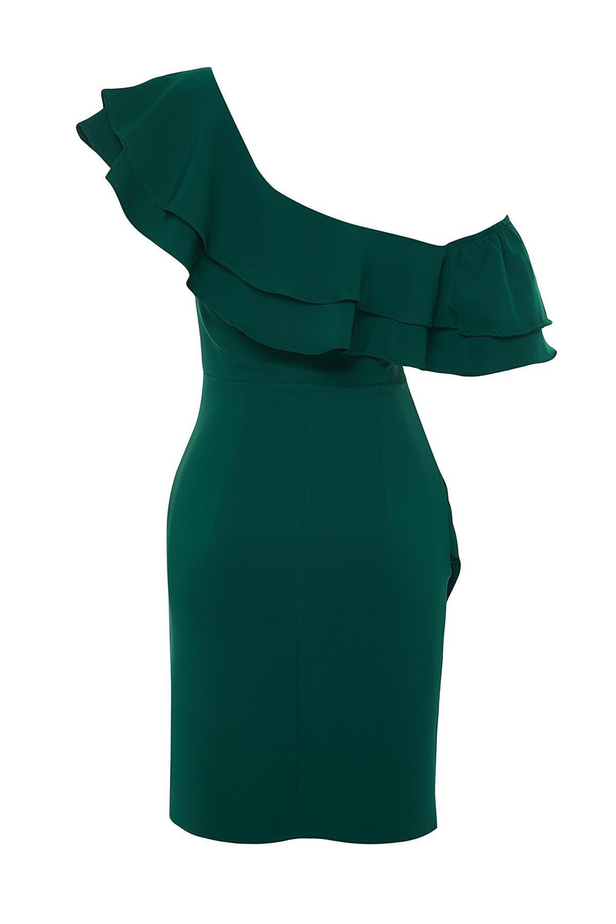 Green Single Sleeve Frilly Elegant Evening Dress, , large image number 1