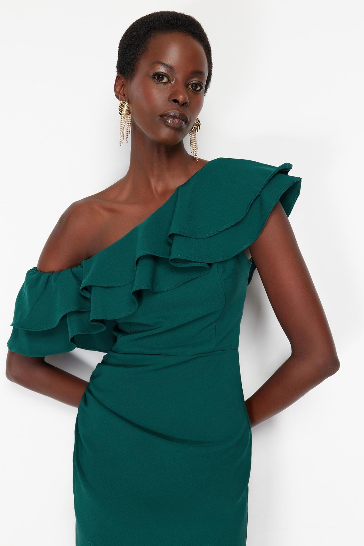 Green Single Sleeve Frilly Elegant Evening Dress, , large image number 2