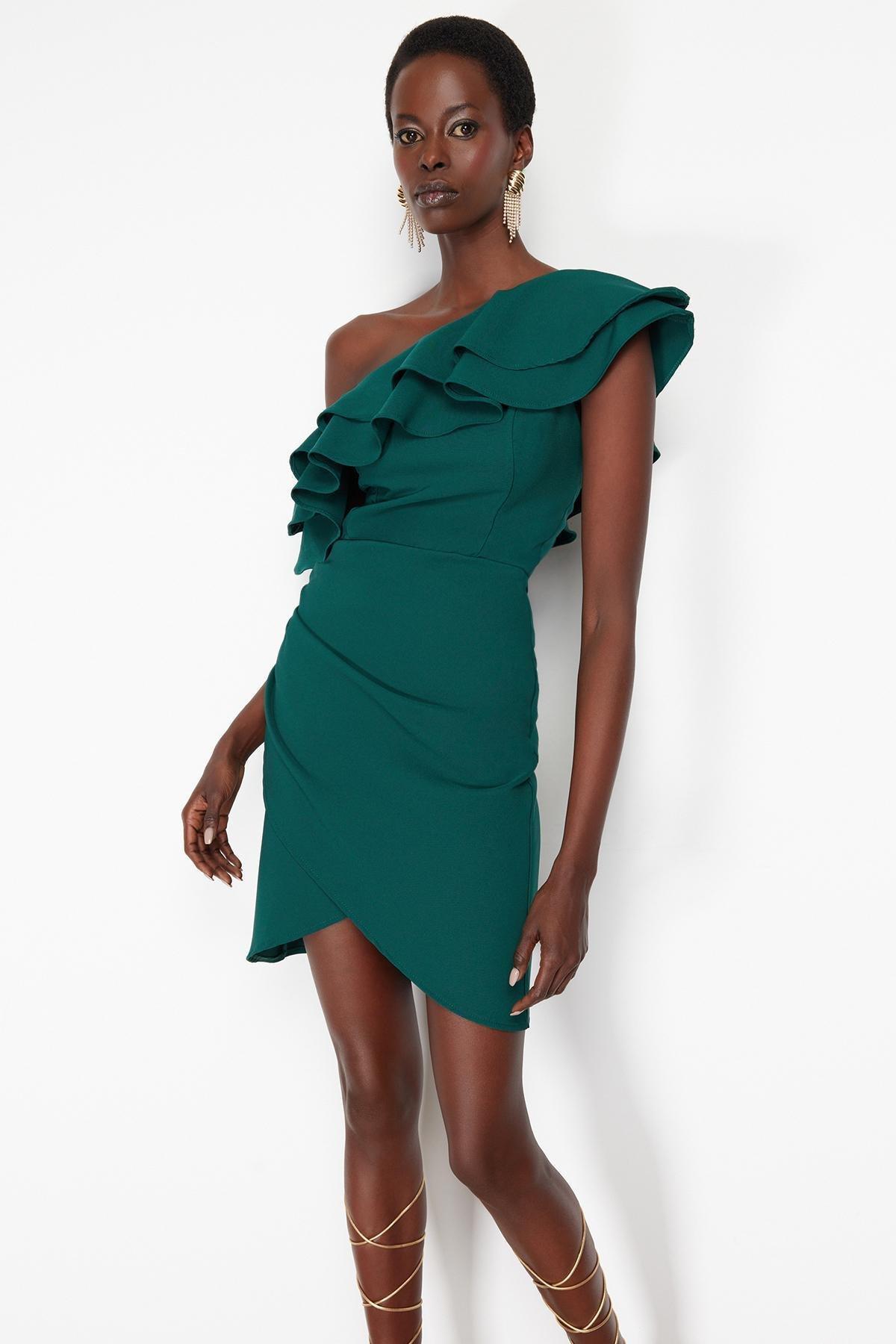 Green Single Sleeve Frilly Elegant Evening Dress, , large image number 3